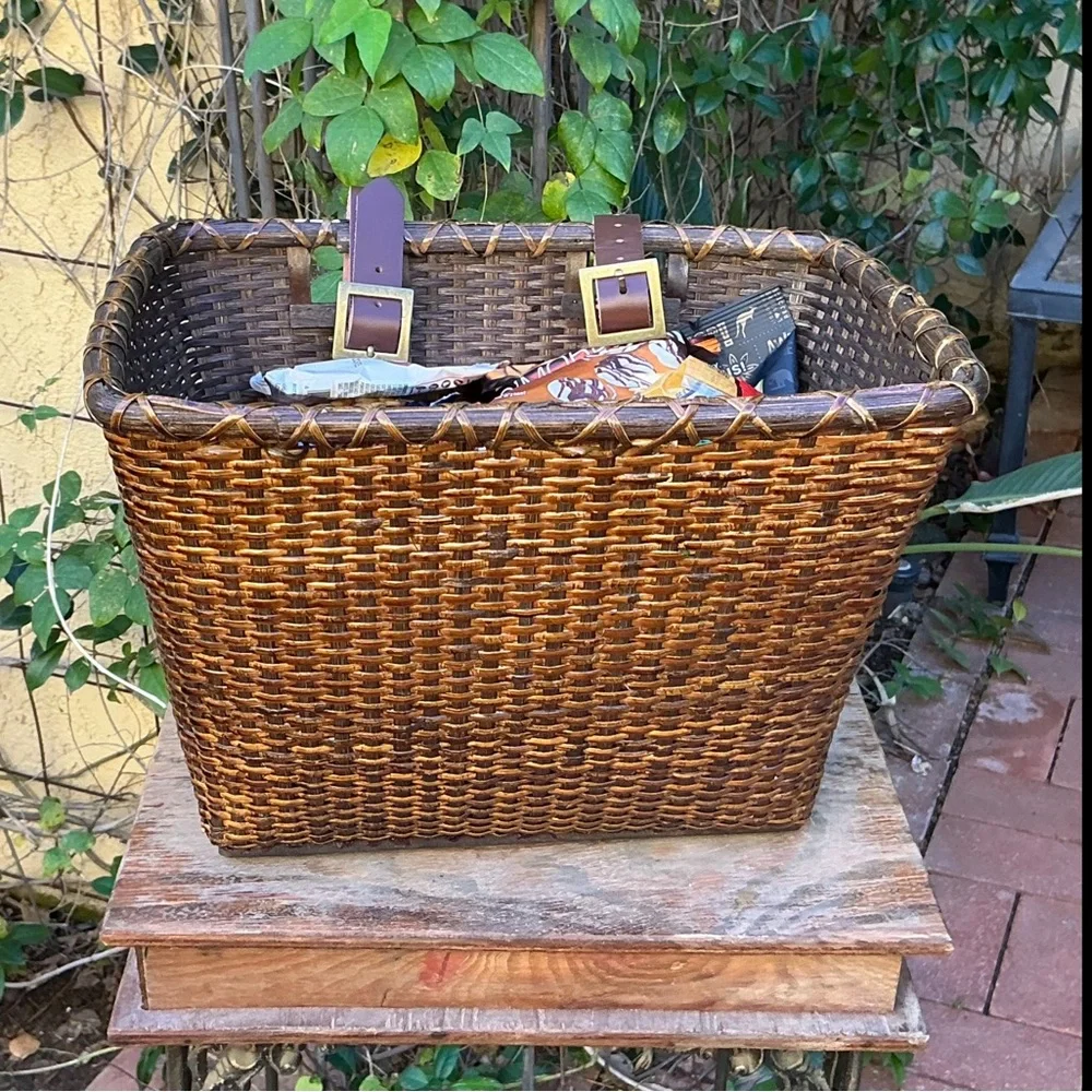 Attachable Multi-Use Dark Wicker Rattan Basket with Leather Straps (For Bike?)
